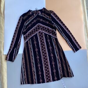 Free People Black and Brown Geometric Long Sleeve Dress